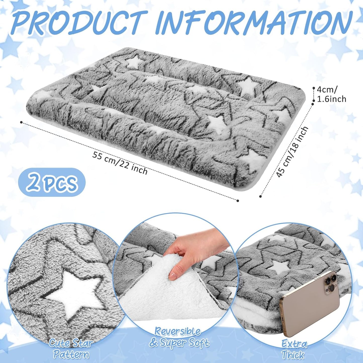 VitalCozy 2 Pack Self Warming Cat Mat Self Heating Pad Bed Reversible Machine Washable Reflects Body Heat Warm Thermal Pet Pad Crate Blanket for Feral and Indoor Cat(Double Star,22'' X 18'')