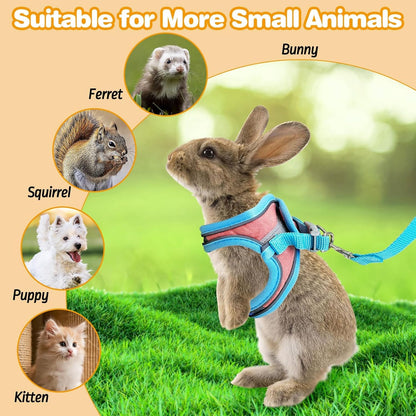 PINVNBY 2 Pack Bunny Hsrness and Leash Set Adjustable Rabbit Harness with Reflective Strips Double Buckle Pet Vest Eescape Proof for Small Rabbit Kitten Puppy Walks Accessories (Blue Pink, S)