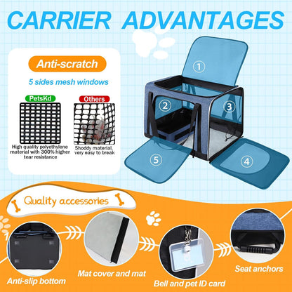 Petskd Extra Large Cat Carrier with Litter Box 24"x17"x17" for Medium Large Cat or 2 Small Cats, Collapsible Soft Sided Pet Carrier for Car Travel with Lockable Safety Zippers(Blue)