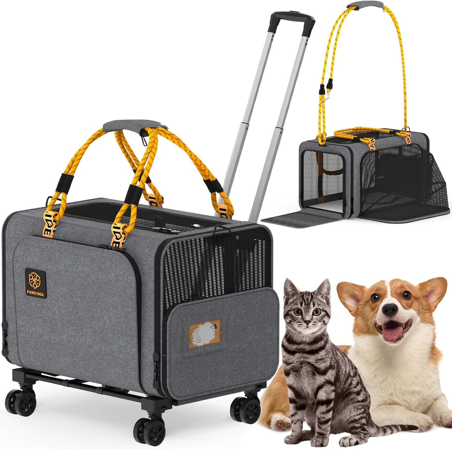 PAWZIDEA Expandable Large Pet Carrier with Wheels, 24x16x16 in Rolling Cat Carrier for 2–4 Cats up 55lb, Soft-Sided Collapsible Small Medium Dog Crate for Car Travel, Telescopic Handle, Storage Pocket