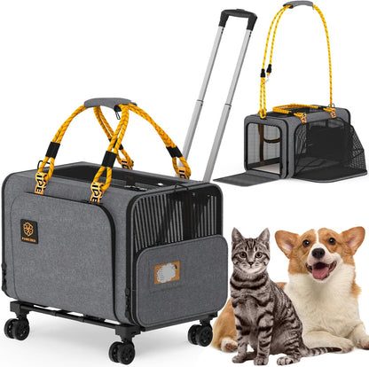 PAWZIDEA Expandable Large Pet Carrier with Wheels, 24x16x16 in Rolling Cat Carrier for 2–4 Cats up 55lb, Soft-Sided Collapsible Small Medium Dog Crate for Car Travel, Telescopic Handle, Storage Pocket