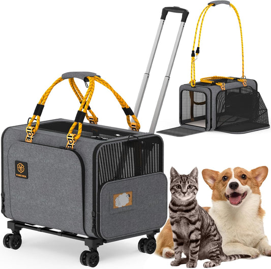PAWZIDEA Expandable Large Pet Carrier with Wheels, 24x16x16 in Rolling Cat Carrier for 2–4 Cats up 55lb, Soft-Sided Collapsible Small Medium Dog Crate for Car Travel, Telescopic Handle, Storage Pocket