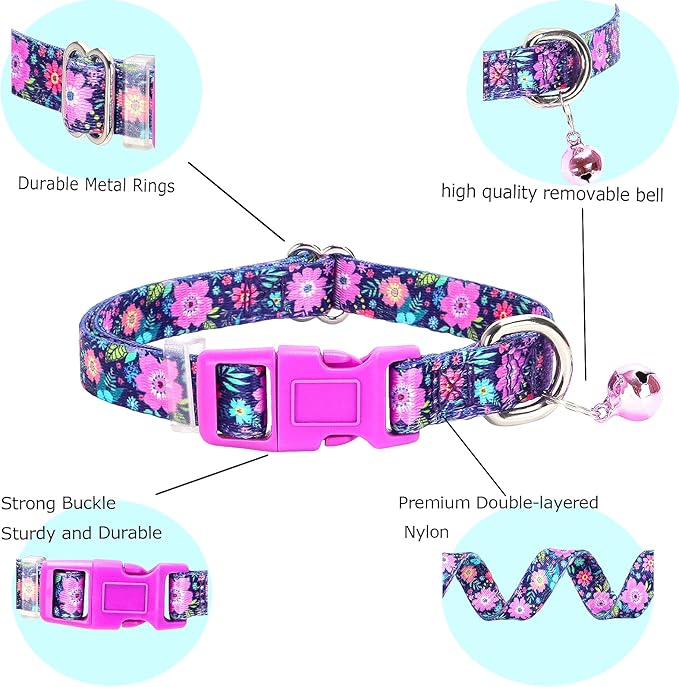 Flower Small Dog Collar with Bell, Soft Adjustable Puppy Collar Tiny Cat Collars with Bells for XS Small Girl and boy Dogs Little Animal,S