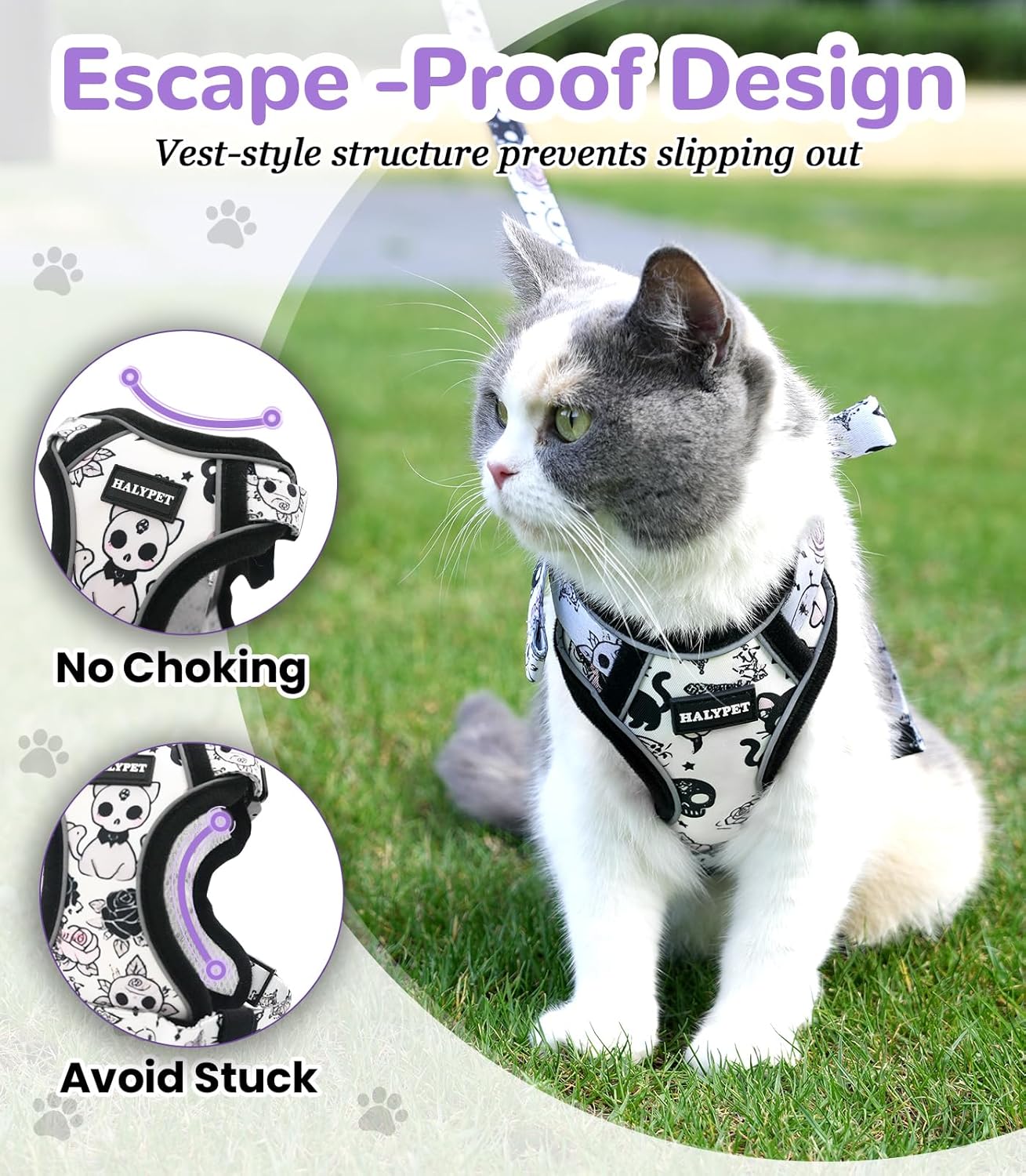 Halypet Cat Harness and Leash Set for Walking, Escape Proof Adjustable Vest Harness with 3-in-1 Integrated Buckles, Easy Control Soft Breathable Mesh with Reflective Strips for Cats, XS,Moonlight Meow