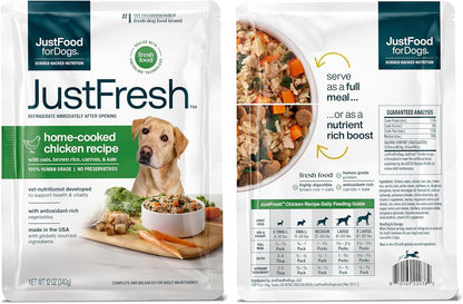 JustFoodForDogs JustFresh Wet Dog Food, Fresh Pet Meals and Toppers with No Preservatives, Resealable Package, Human Grade, Home-Cooked Beef and Chicken Variety, 12 oz - 8 Pack
