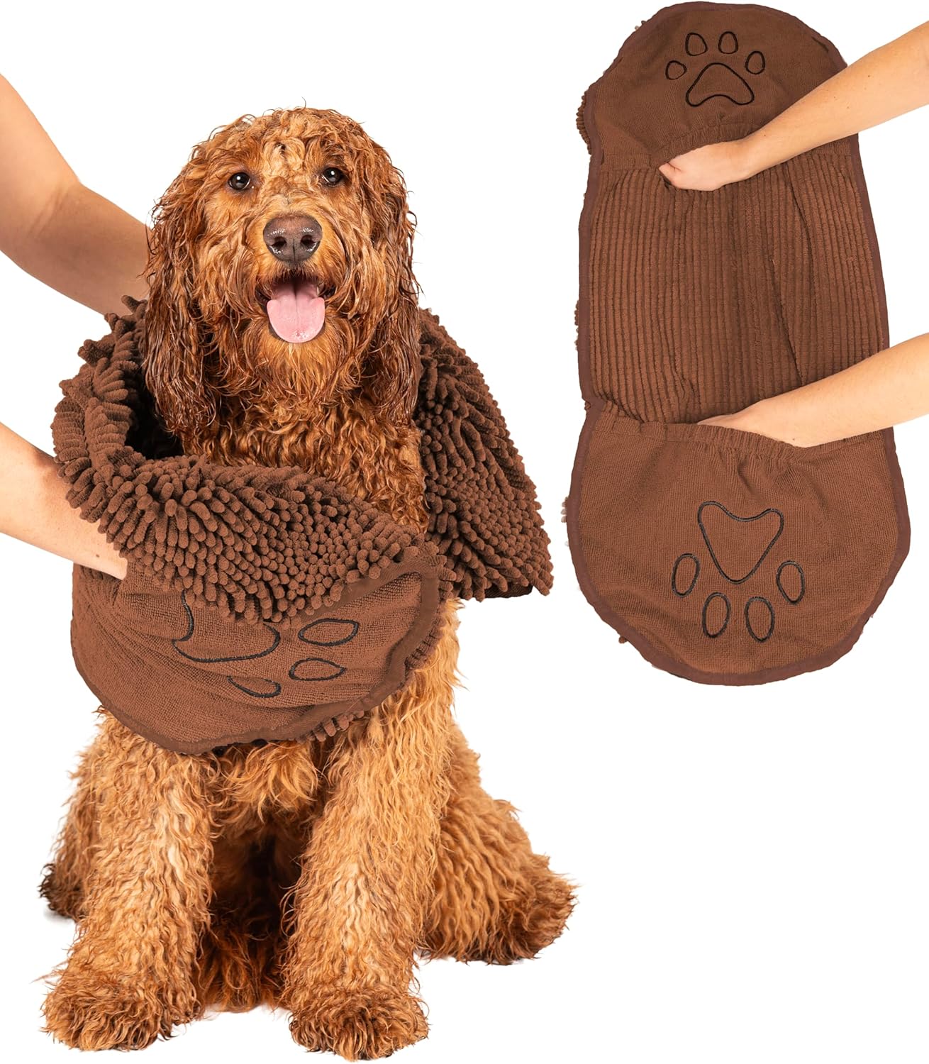Dog Gone Smart The Dirty Dog Shammy - Fast Drying Plush Shammy Towel with Dual Hand Pockets and Elastic - Super Absorbent Microfiber and Machine Washable - Brown