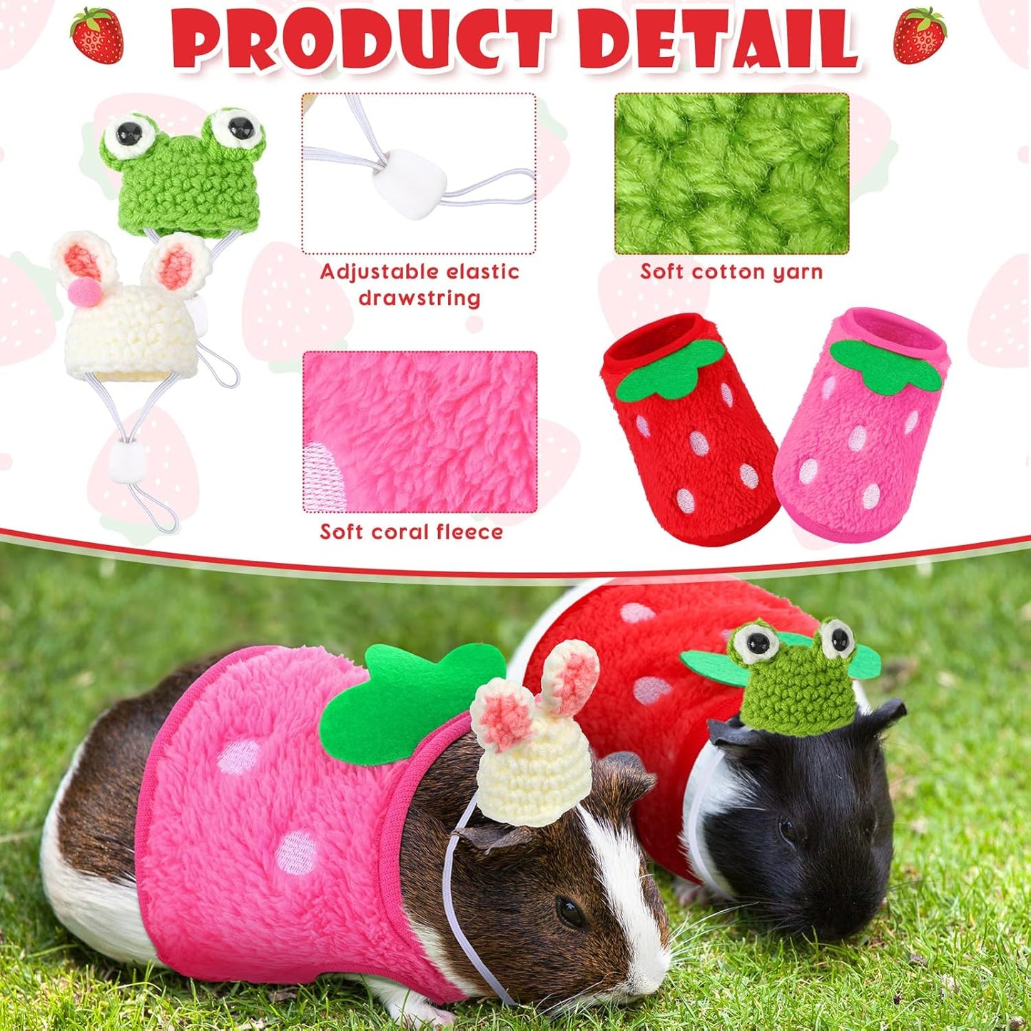 Mixweer 4 Pieces Guinea Pig Stuff Includes 2 Guinea Pig Clothes and 2 Cute Mini Hats with Adjustable Strap Small Animal Warm Vest Cozy Hand Knitted Hat for Hamster Bunny(Frog Style)