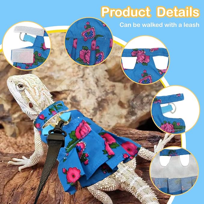 Lizard Harness Dress and Leash, Adjustable Hamster Ferret Harness and Leash Set, No-Pull Walking Vest for Lizard Small Animal Gecko Chameleon (Blue S)