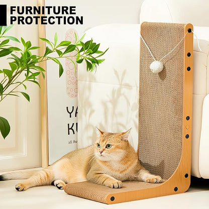 Value 2-Pack 23.6 Inch L-Shaped Cardboard Cat Scratcher, Dual Use (Vert/Horiz) Scratch Pad with Toy Balls, Wall-Mountable Furniture Protector Cat Scratchers for Indoor Cats, Couch & Wall