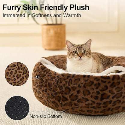 Calming Dog Beds & Cat Cave Bed with Hooded Cover,Removable Washable Round Beds for Small Medium Pets,Anti-Slip Faux Fur Fluffy Coved Bed for Improved Sleep,Fits up to 15/25 lbs(Leopard Print,S)