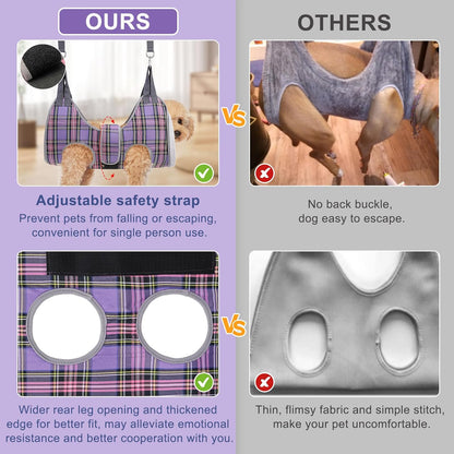 BEAUTYZOO Dog Grooming Hammock for Medium Dogs Cat- Dog Sling for Nail Trimming/Clipping- Dogs Hanging Harness Holder with Thick Fabric Neck Support & Strap Restraint Claw Care, Purple M