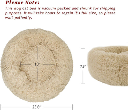Calming Cat Bed - Anti Anxiety Round Fluffy Plush Faux Fur, Washable 23 inches Small Dog & Cat Bed