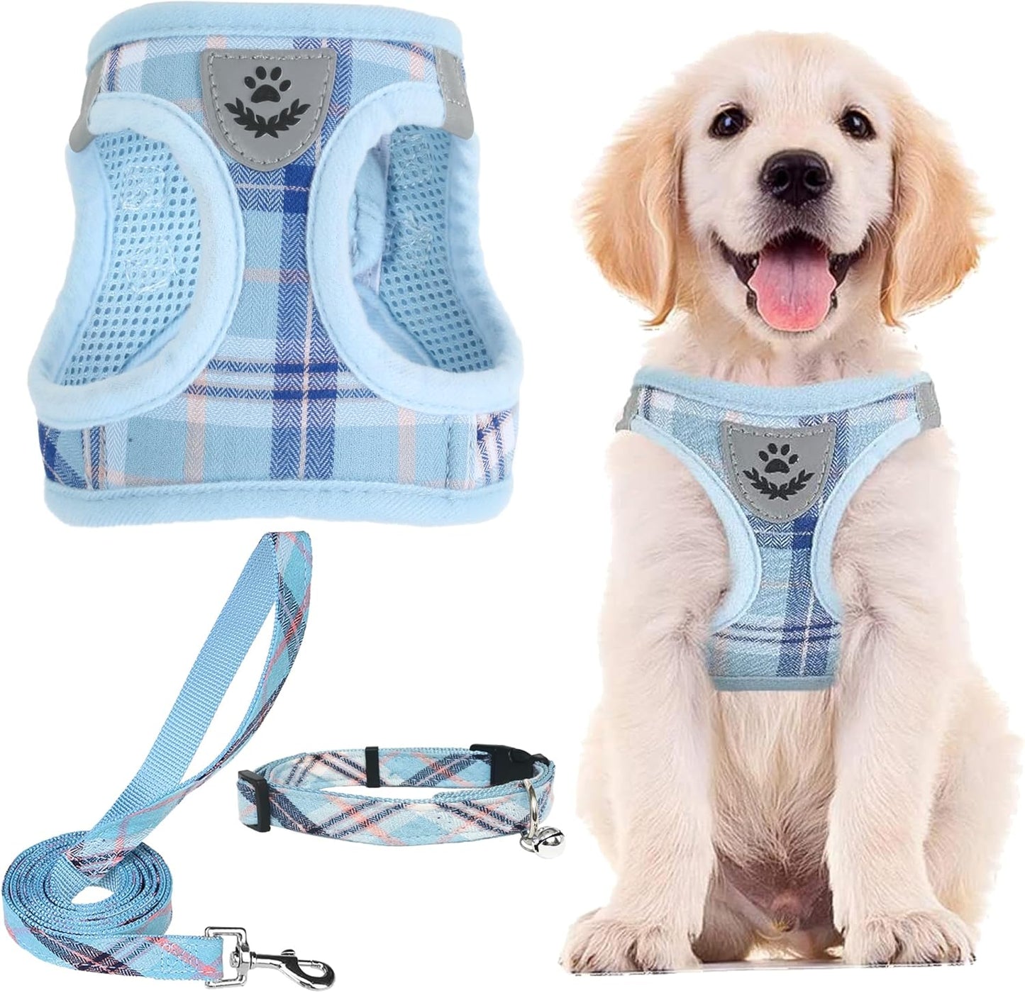 PUPTECK Adjustable Dog Harness Collar and Leash Set Step in No Pull Pet Harness for Small Medium Dogs Puppy and Cats Outdoor Walking Running, Soft Mesh Padded Reflective Vest Harnesses, Blue XXS
