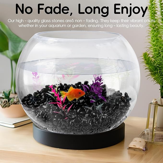 Meschett Colorful Glass Stones, 1 LB Fish Tank Gravel, Small Irregular Rainbow Aquarium Gravel for Aquarium Decorations and Turtle Tank, Sea Glass Beads Crystals for Fish Bowl, Vase Filler,Black