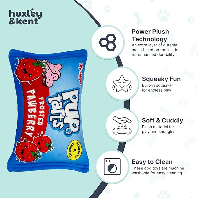 Huxley & Kent Funny Dog Toy w/Squeaker – Power Plush Squeaky Dog Toys for Small, Medium & Large Dogs – Soft Stuffed Animal for Indoor Play & Fetch - Pup-Tarts Frosted Pawberry, Small