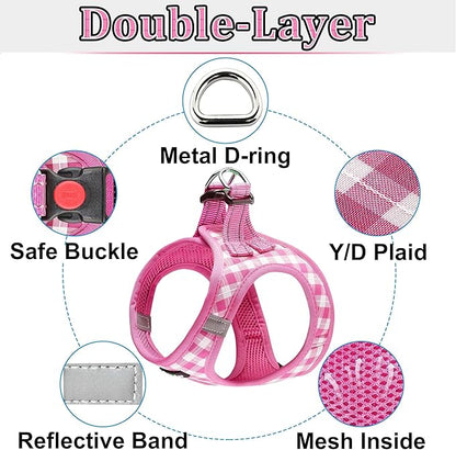 Dog Harness Step-in Breathable Puppy Cat Dog Vest Harnesses for Small Medium Dogs Pink Checkered