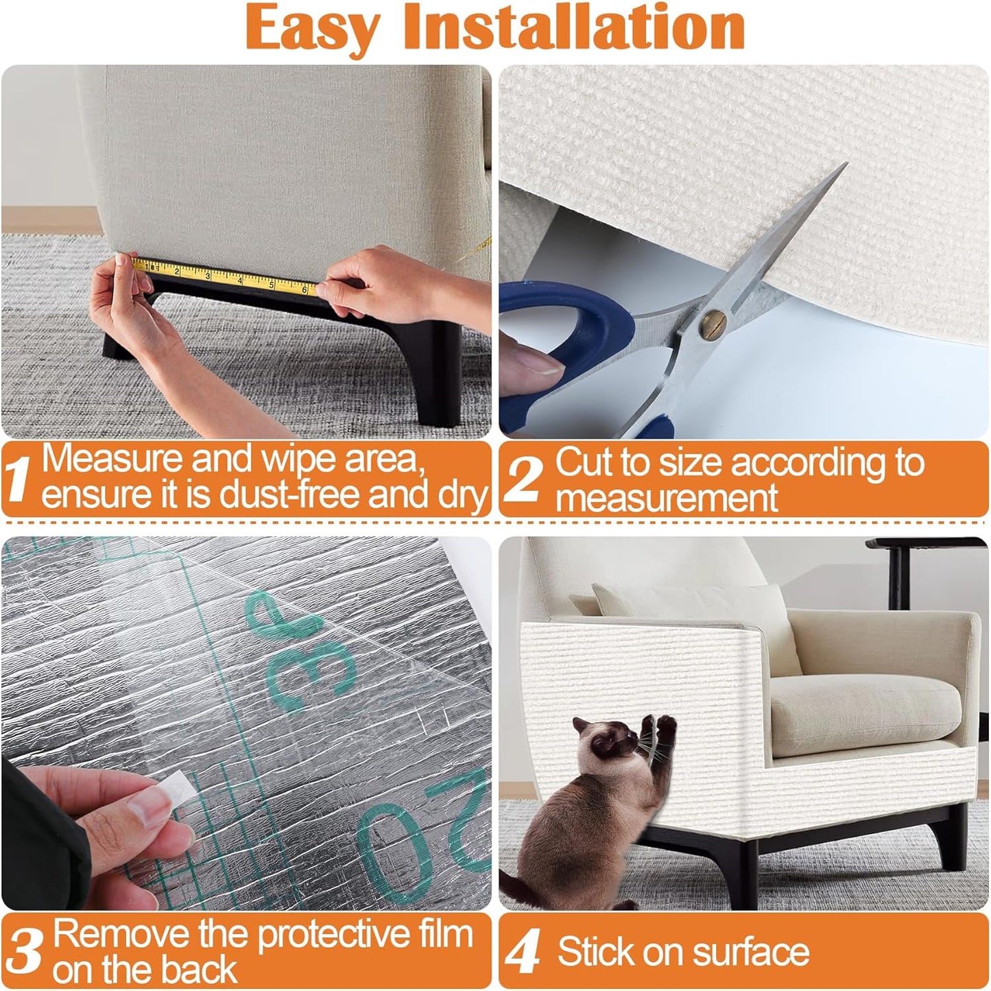 Cat Scratch Furniture Protector - 40" x 13.8" Trimmable Self-Adhesive Cats Claws Scratch Pads, DIY Cat Climbing Couch Protector for Scratch Post Cat Tree Replacement Indoor (Cream White)