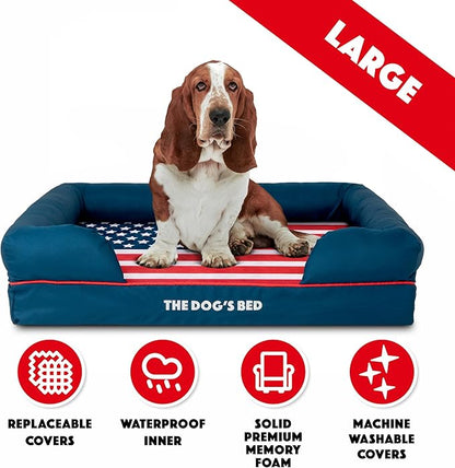 The Dog’s Bed, Large Blue Oxford with Red Trim, USA Flag Dog Bed with Central Flag Memory Foam, Pain Relief: Arthritis, Post Surgery, Waterproof Washable Cover