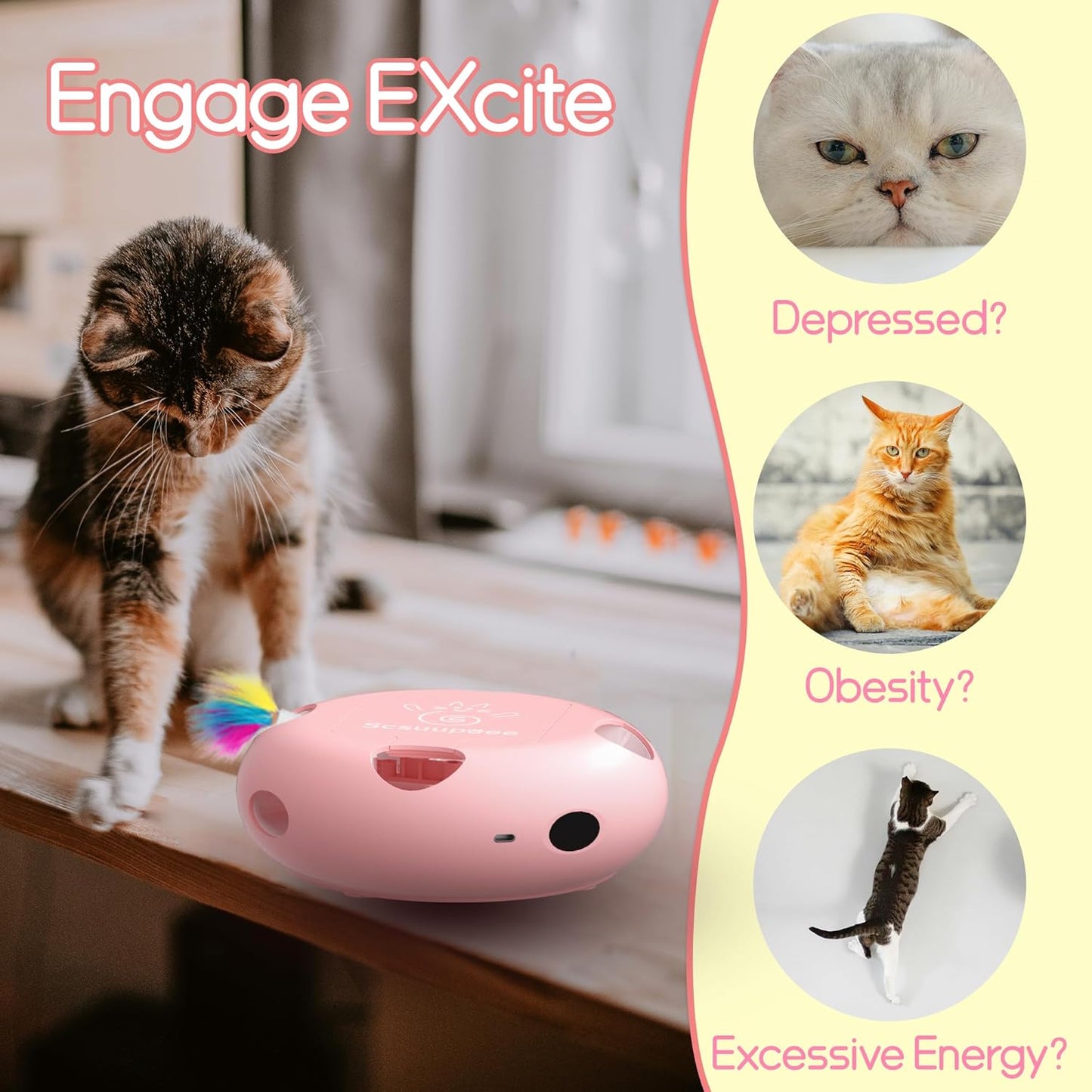 Interactive Cat Toy, Electric Cat Toys for Moving Concealed Feathers, Smart Sensor 7 Holes Whack a Mole Feather Toy, USB Charge Automatic Kitten Toys, Pink