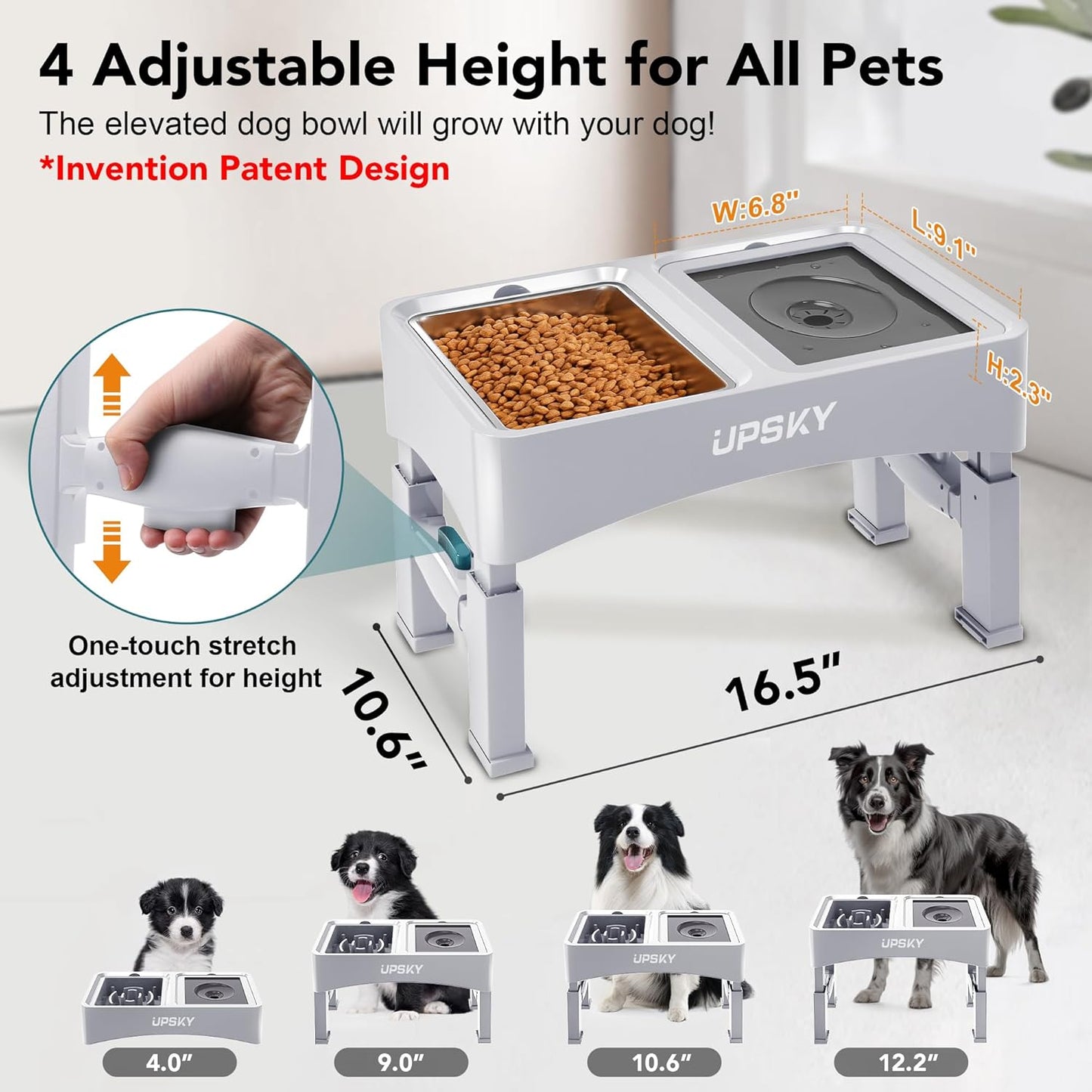 UPSKY 3-in-1 Elevated Dog Bowls: Slow Feeder, Adjustable Stand, No Spill Dispenser - Stainless Steel Food & Water Bowl for Small to Medium Dogs, White