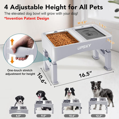 UPSKY 3-in-1 Elevated Dog Bowls: Slow Feeder, Adjustable Stand, No Spill Dispenser - Stainless Steel Food & Water Bowl for Small to Medium Dogs, White