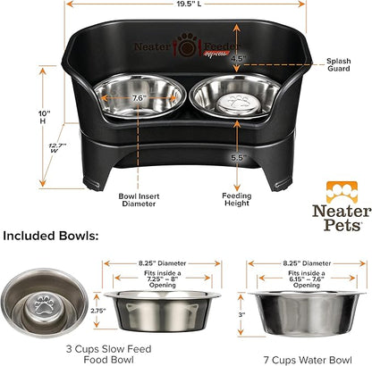 Neater Feeder - Express Model w/ Slow Feed Bowl - Mess-Proof Dog Bowls (M/L, Black) Made in USA – Elevated, No Spill, Non-Tip, Non-Slip, Raised Stainless Steel Food/Water Pet Bowls Aid Digestion