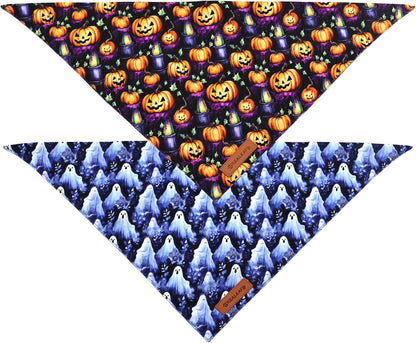 Realeaf Halloween Dog Bandanas 2 Pack, Pumpkins and Ghosts Pet Scarf for Boy and Girl, Premium Durable Fabric, Holiday Bandana for Medium and Large Dogs Pets (Large)