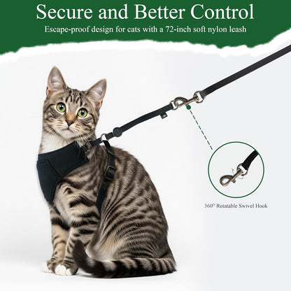 A1HC Escape Proof Cat Harness and Leash - Soft Adjustable Vest, Comfortable Mesh and Long Strips with Air Tag Pocket, Easy Control, Safe Walking Harness for Cats & Kittens - Black (Large)