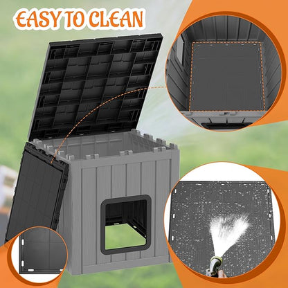 KAMABOKO Outdoor Cat House, Outside Multiple Kitty Feral Cat Houses, Weatherproof Shelter for Ferrel Cats and Dogs, Durable PP Material, Sloping Roof (Gray & Black)