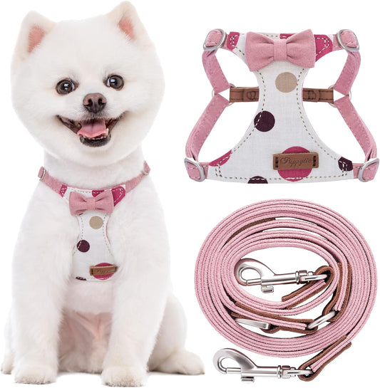 Puppytie No Pull xs Dog Harness with Multifunction Dog Leash,Soft Adjustable No Choke Escape Proof Pet Harness Vest,Polka dots Pink,XS