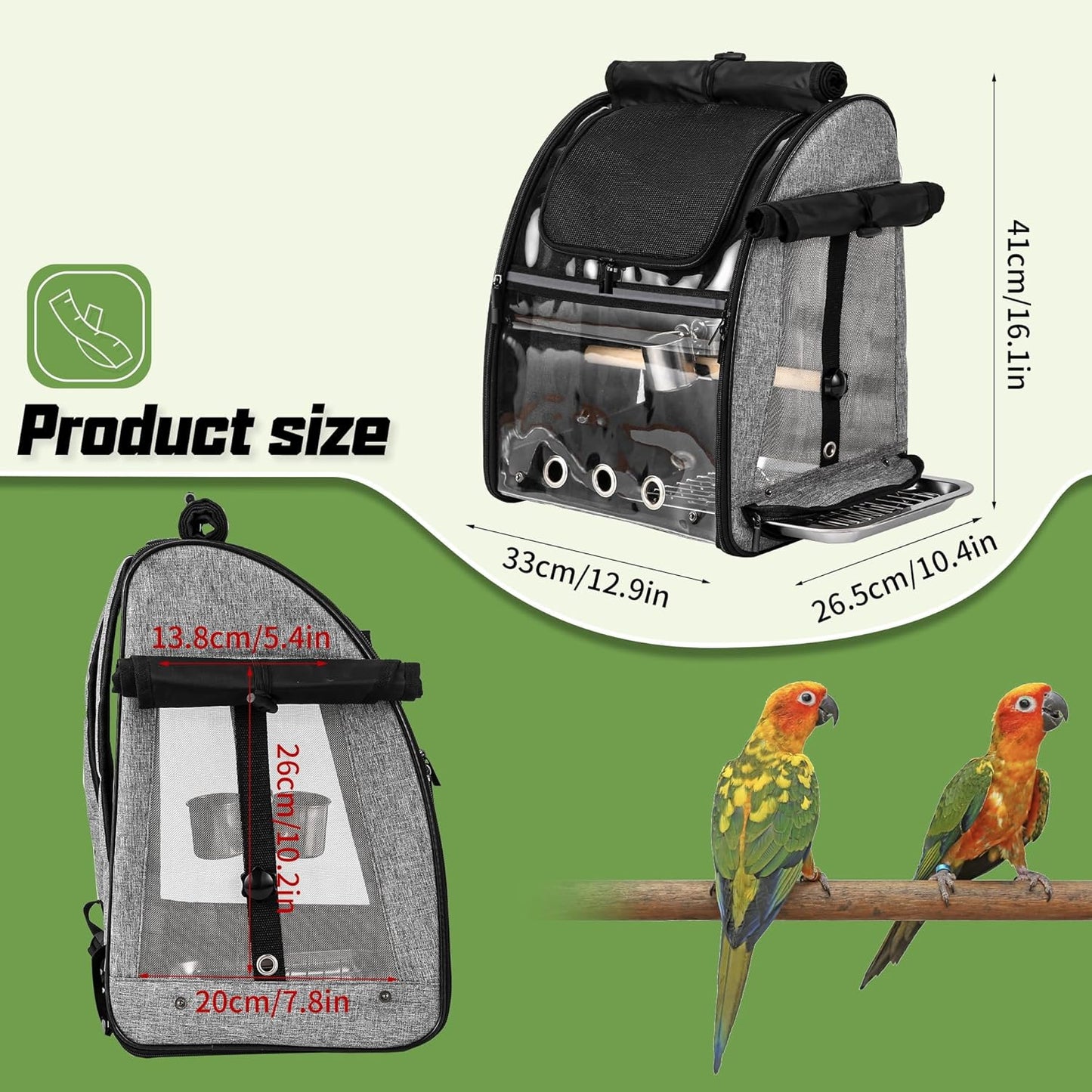 Sanmoncare Bird Carrier Backpack with Stainless Steel Mesh, Parrot Travel Cage with Stand, Easy to Clean, Portable Conures Travel Bag, Pet Breathable Travel Cage