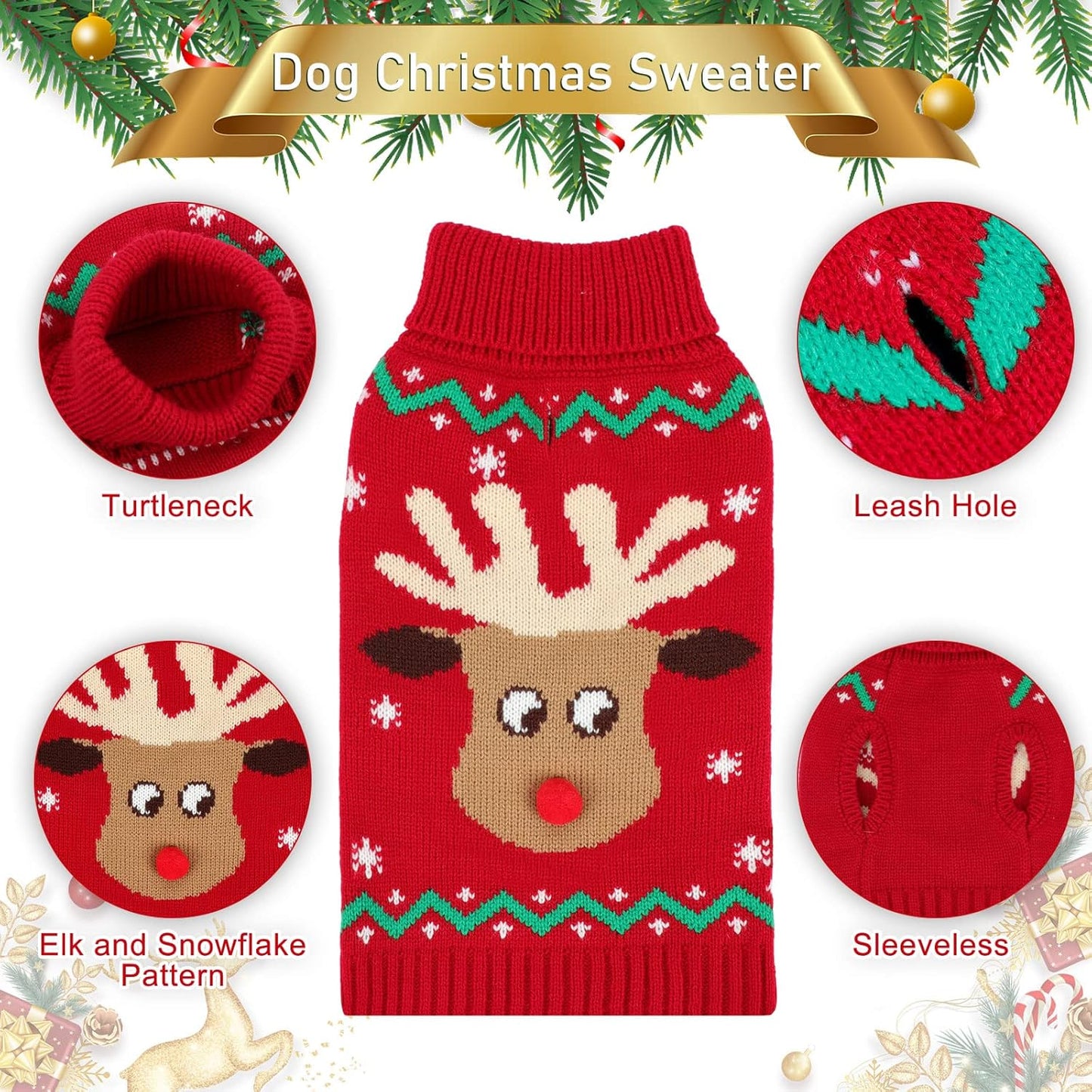 Christmas Dog Turtleneck Sweater Winter Reindeer Snowflake Sweater with Leash Hole Puppy Knitwear Pullover Holiday Sweaters for Small Medium Large Dogs L