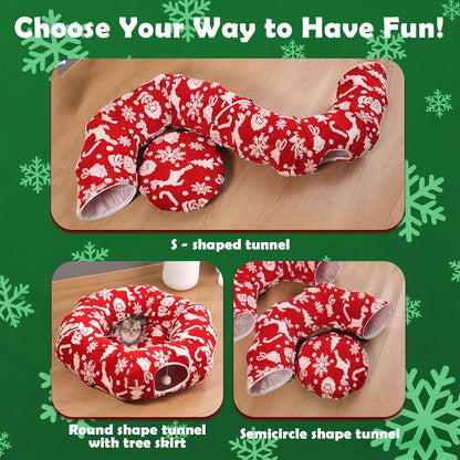 Cat Tunnel Christmas Tree Skirt for Indoor Cats with Bed,Christmas Cat Tunnel Peekaboo Cave Play Christmas Tree Cat Tunnels,Cute Cat Donut Toys Tunnel Skirt Hideout Under Tree