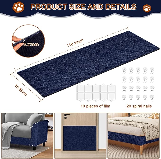 Cat Scratching Mat, 118.5"x15.9" Trimmable Self-Adhesive Cat Scratch Carpet, Couch Protector from Cats Claws, Furniture Corner Protectors for Cats, Indoor Furniture Protection for Chair (Dark Blue)
