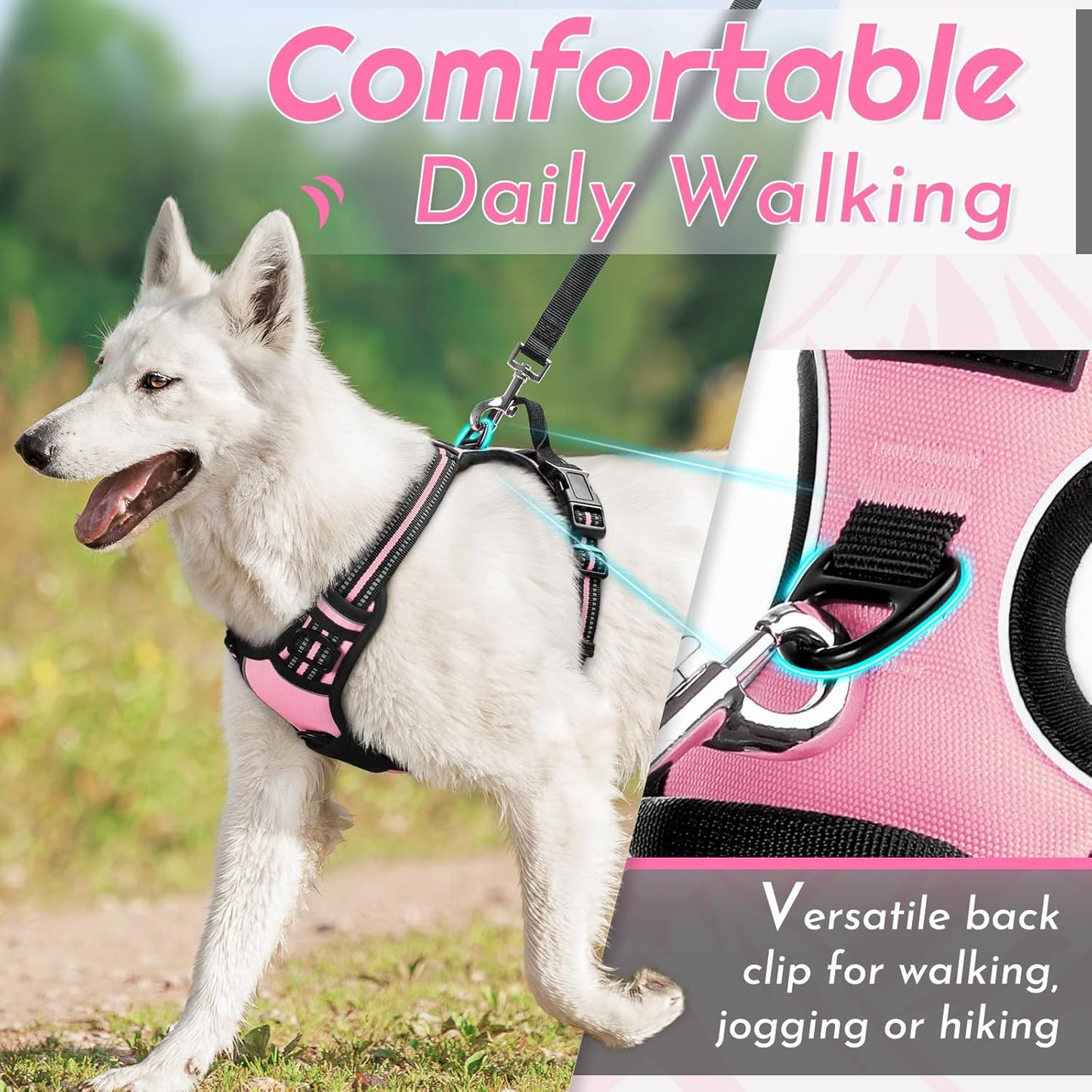 Eagloo Dog Harness for Large Dogs, No Pull Service Vest with Reflective Strips and Control Handle, Adjustable and Comfortable for Walking, No Choke Pet Harness with 2 Metal Rings, Pink, L