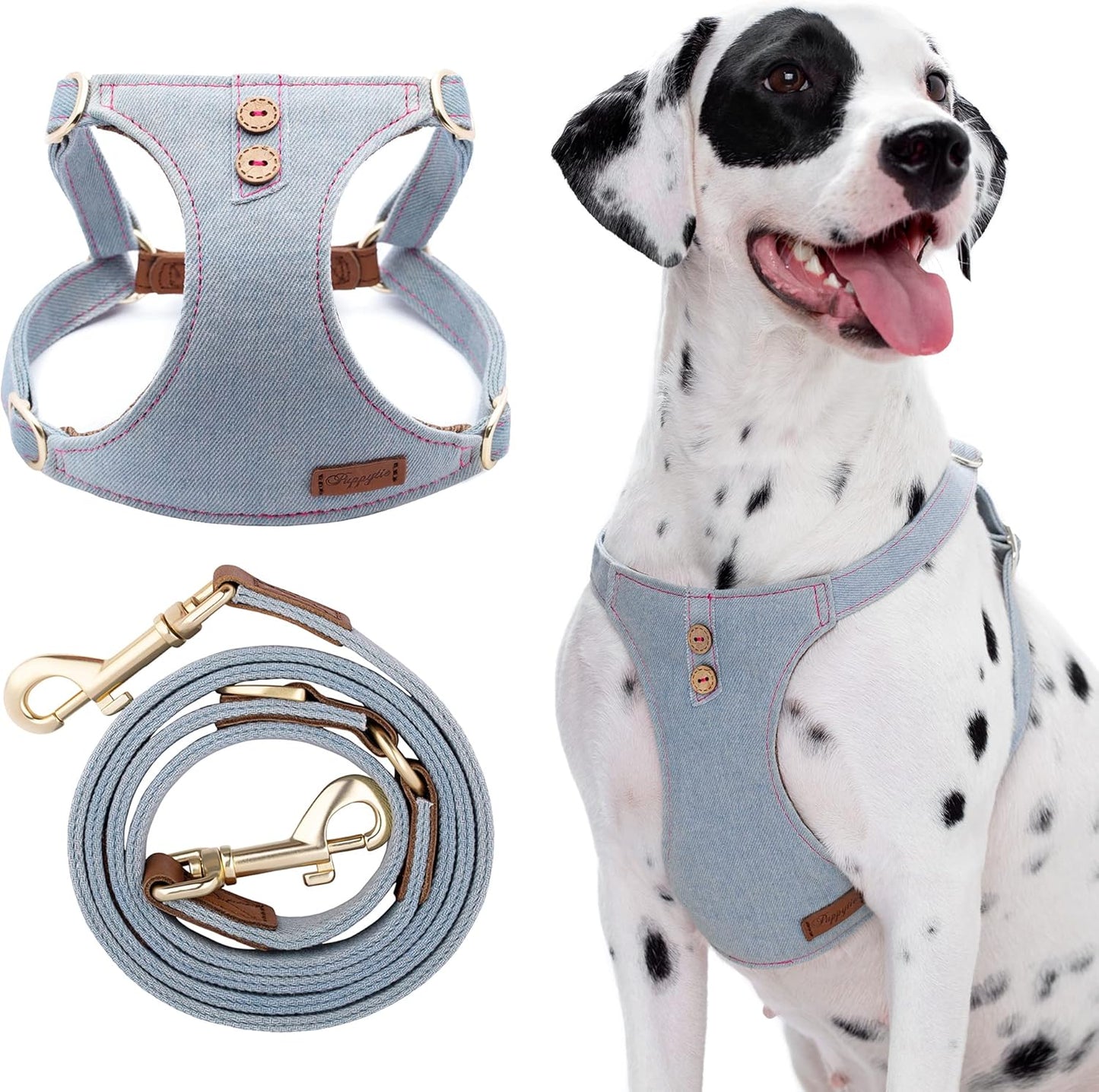 Dog Harness, No Pull Dogs Harness and Multi-Function Leash Set for Medium Dogs Easy Walk Everyday Adjustable Soft Dog Vest Harness Fashionable Dog Accessories Grey Blue-Button-M(16lb-35lb)