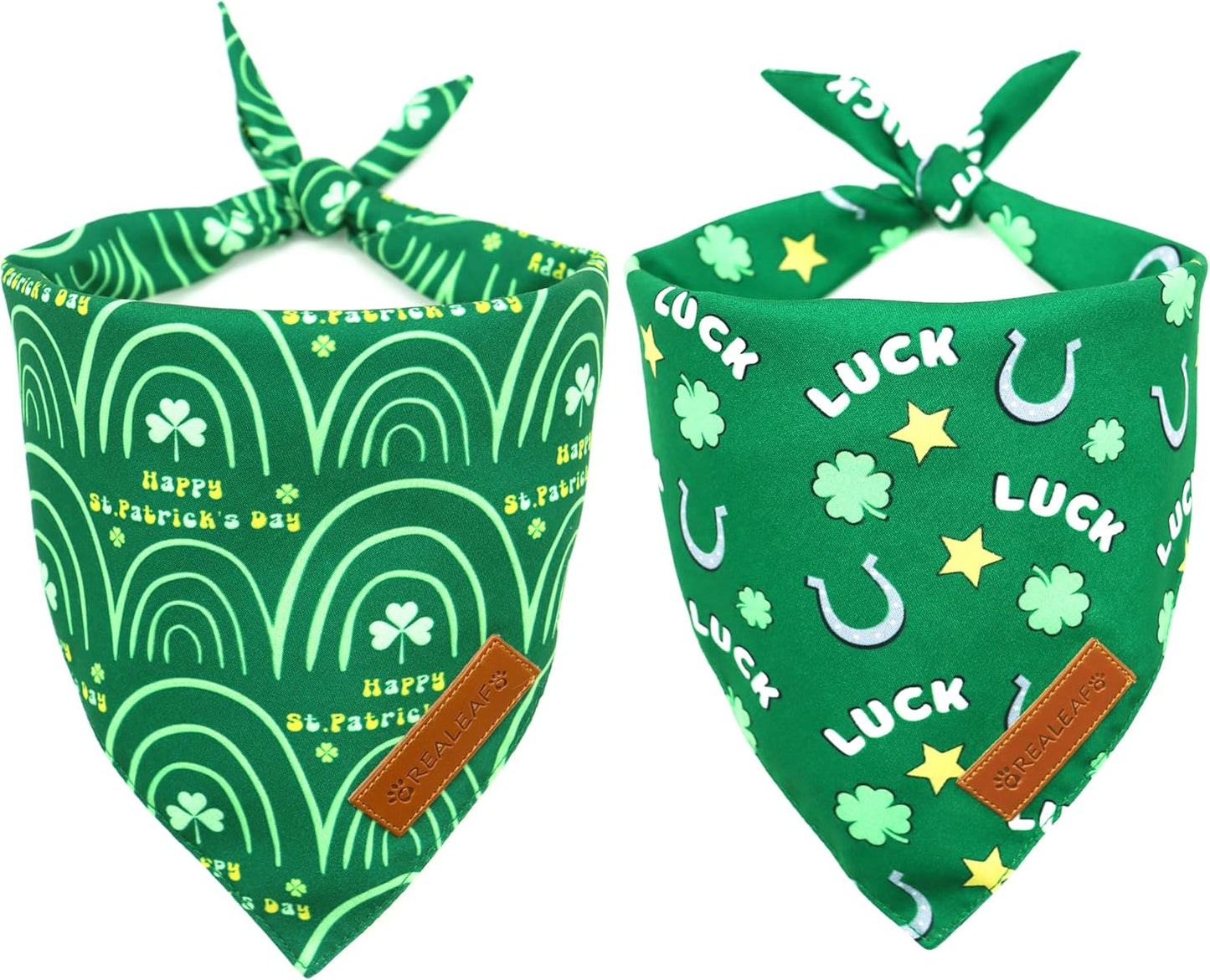 Realeaf St. Patrick's Day Dog Bandanas 2 Pack, Reversible Green Dog Scarf for Boy and Girl, Premium Durable Fabric, Holiday Bandana for Medium and Large Dogs Pets (Large)