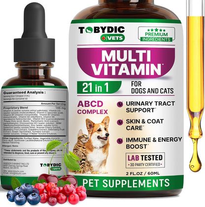 Cat & Dog Multivitamin 21 in 1 Pet Supplements with Cranberry & Glucosamine - Natural Medicine & Support for UTI, Urinary Tract, Bladder, Kidney, Skin Coat, Joints Treatment Made in USA