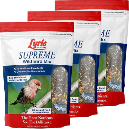 Lyric Supreme Wild Bird Seed for Outside Feeders - Wild Bird Food Mix with Nuts & Sunflower Seeds, Attracts Many Beautiful Songbirds, 13.5 lb (Pack of 3-4.5 lb Bags)