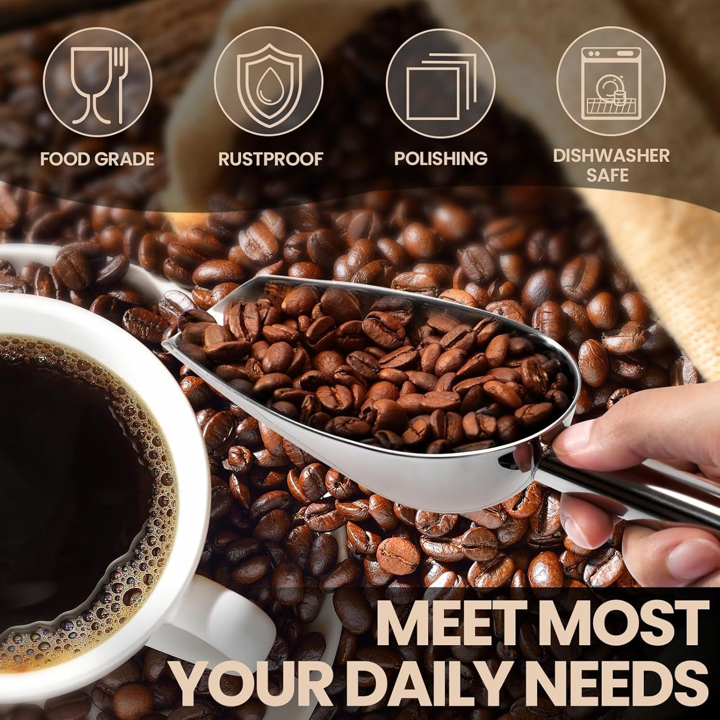 18oz Stainless Steel Ice Scoop for Freezer with Magnetic Hook– Dishwasher Safe Ice Scooper for Ice Machine with Long Handle – Metal Scoop for Ice Bucket, Dog Food, Flour, Canisters