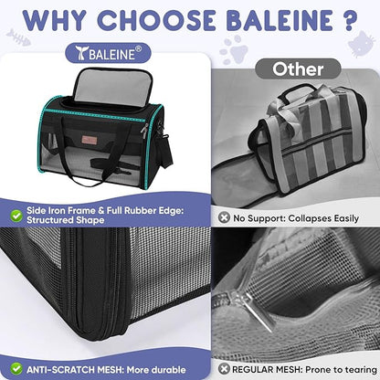 BALEINE Cat Carrier, Puppy Dog Carrier for Small Medium Pets Up to 22 Lbs, Soft-Sided Dog Travel Bag with Safety Zippers, Collapsible Pet Carrying Case (Black, XL, 19"x12"x12")