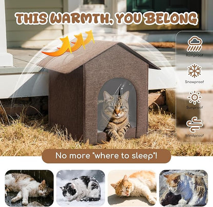 Outdoor Cat House Weatherproof, Insulated Cat Houses for Outdoor/Indoor Cats for Winter, Waterproof Feral Stray Cat Shelter with Warm Cushion and Door Curtain, Easy to Assemble, Brown