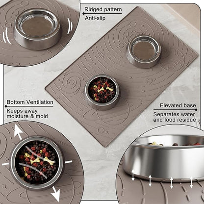 OHMO Dog Food Mat, Silicone Waterproof Cat Food Mat, Non-Skid Spill Proof Pet Feeding Mat for Food and Water, Easy to Clean Dog Placemat(Beige, 18.9" x 11.8")