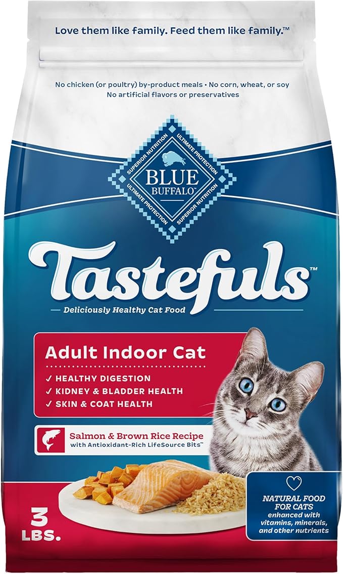 Blue Buffalo Tastefuls Natural Dry Food for Adult Indoor Cats, Salmon & Brown Rice Recipe, 3-lb. Bag