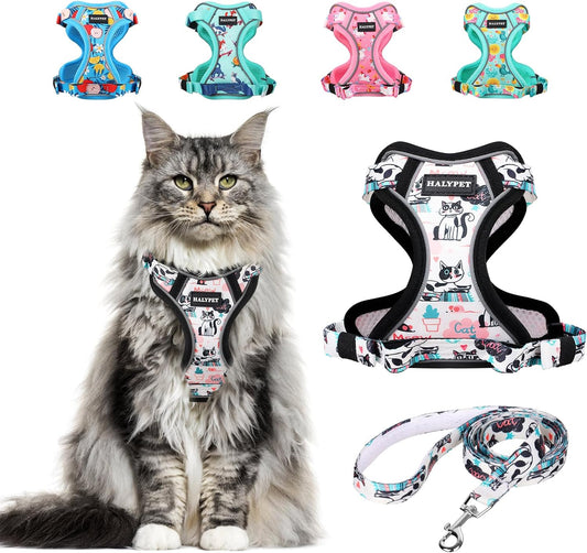 Halypet Cat Harness and Leash Set[MAX Safety 4th-Gen] Cute Escape Proof Vest Harness for Girl&Boy Cat Walking, Comfortable Adjustable Leash and Reflective Strips for Outdoor Kitten, M Inky Meowy
