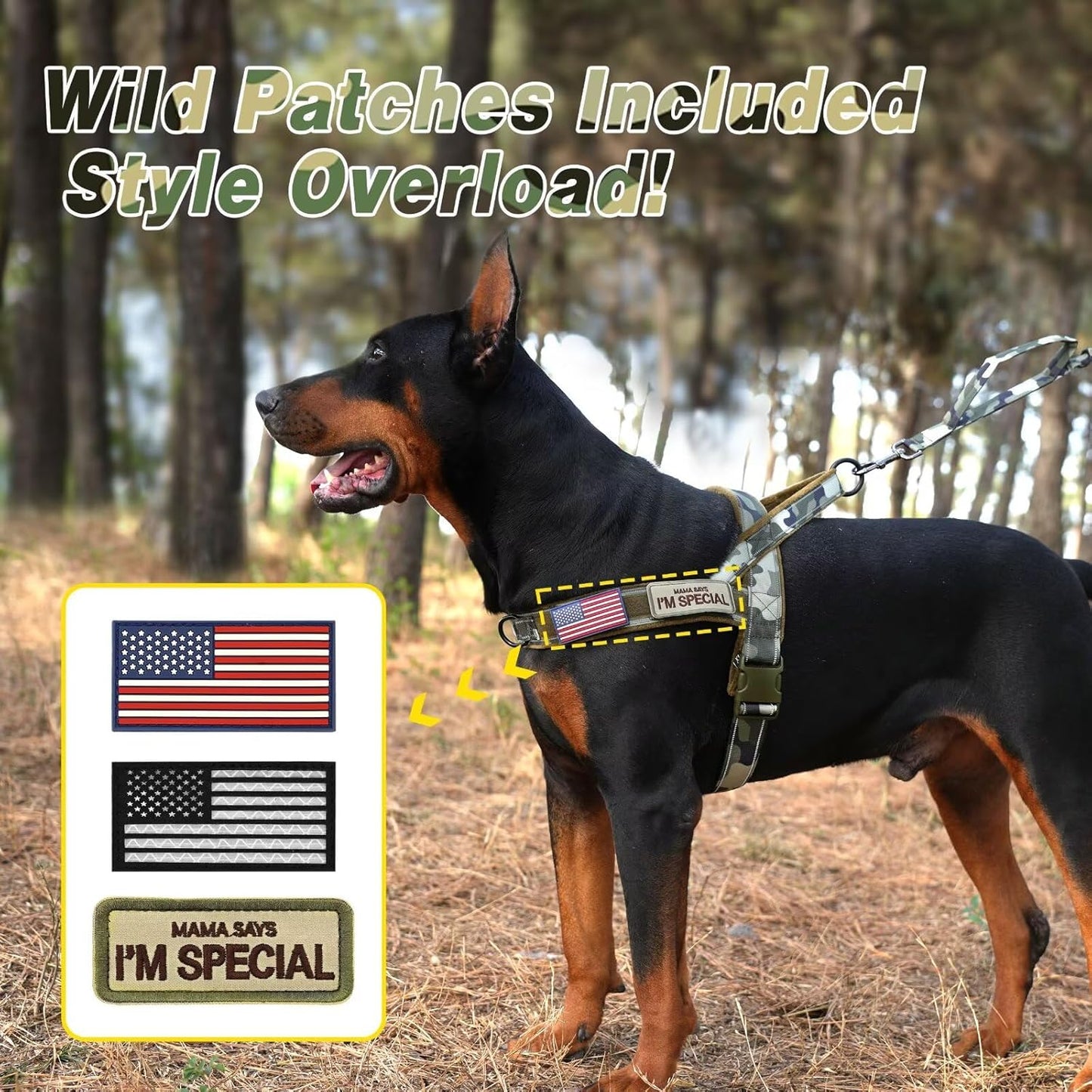 Forestpaw No Pull Dog Harness with Large Handle,Slip on Reflective Vest with Quick Release Buckle,Comfortable Flannel Lining for Medium Large Dogs Walking Training (Includes 3 Patches),Green Camo M