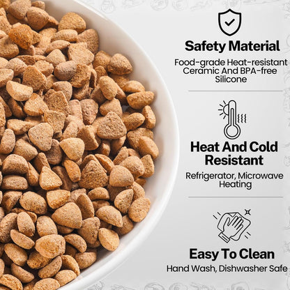 Cat Food Bowls, Whisker Friendly Ceramic Cat Bowls with Nonslip Silicone Bottom, Pack of 3 Quiet Cat Dishes and Plates for Feeding Indoor Cats, Kittens and Small Dogs(Cat Paw)