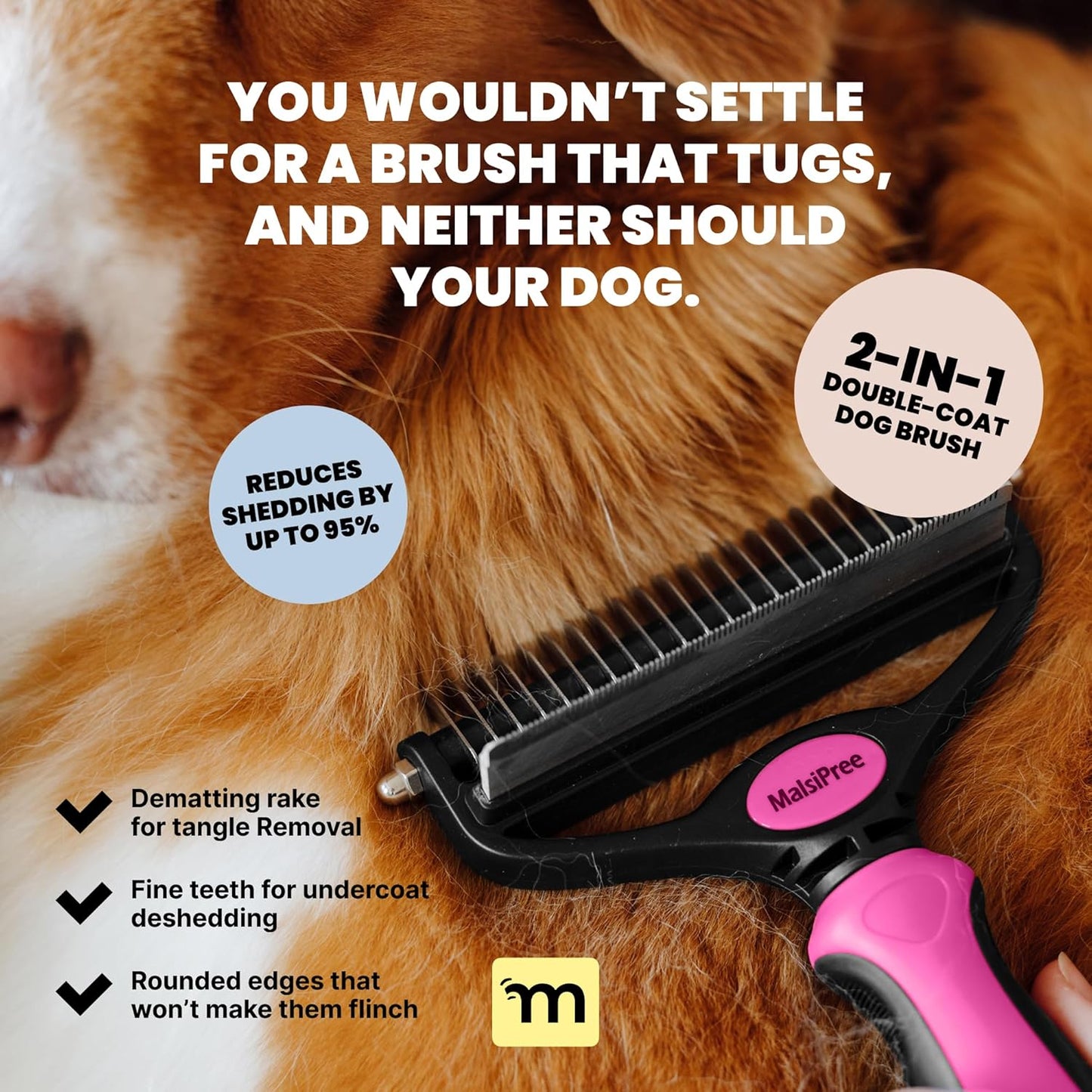 MalsiPree Dog Brush for Shedding - 2 in 1 Undercoat Rake Deshedding Tool for Medium to Large Double-Coated Dog Grooming - Pet Dematting Comb - Pet Deshedder (Pink)
