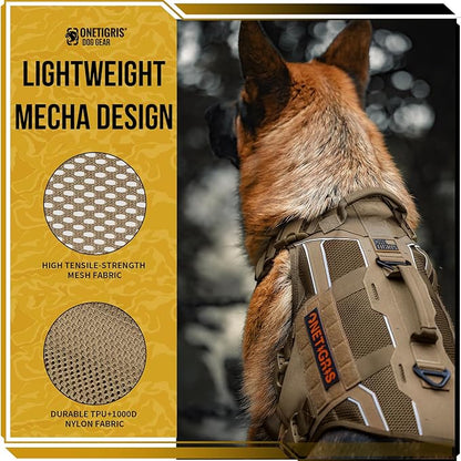 OneTigris Tactical Dog Harness for Medium Large Dogs, Adjustable Tactical Dog Harness with Handles, Reflective Vest Heavy Duty & Breathable Military Assistance Vest with No Pull Buckle, Brown