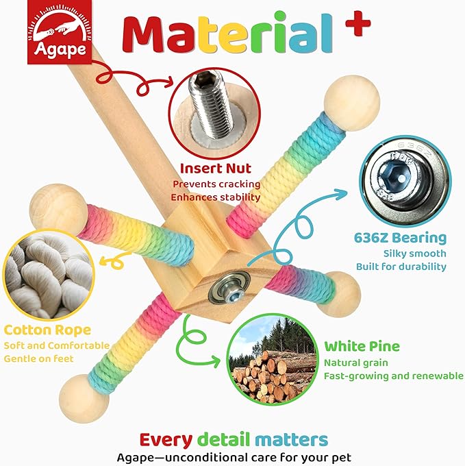 Agape Bird Perch Toy, Parrot 360° Interactive Rotating Toy, Bird Cage Accessories for small and medium Parrots to Expend Energy, Wooden Stand for Parakeets Cockatiels Lovebirds Conures Finches Budgies